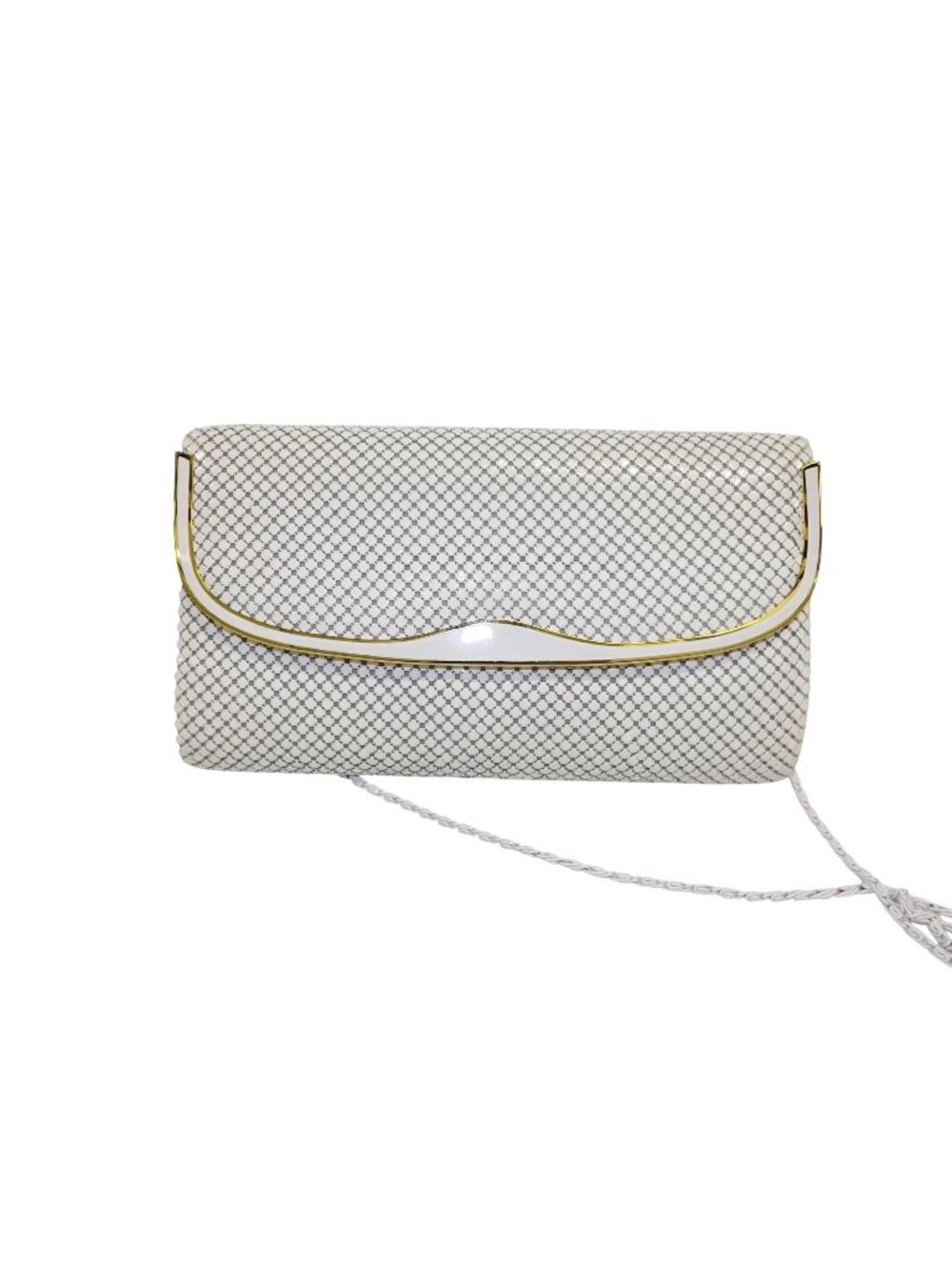Vintage Rocker White & Gold Lattice Chain Clutch With Chain Strap Snap Closure